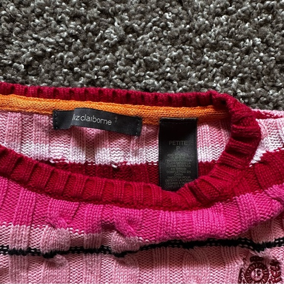 2000s Y2K Liz Claiborne Pink Striped Embroidered Cable Knit Sweater Size XS - Picture 3 of 7